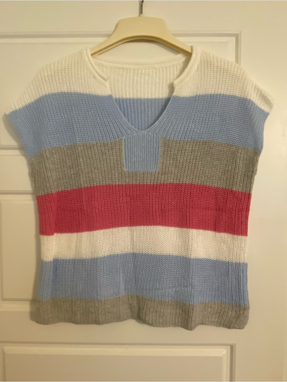 Striped Knit V-Neck Sweater- White, Light Blue, Gray, Pink